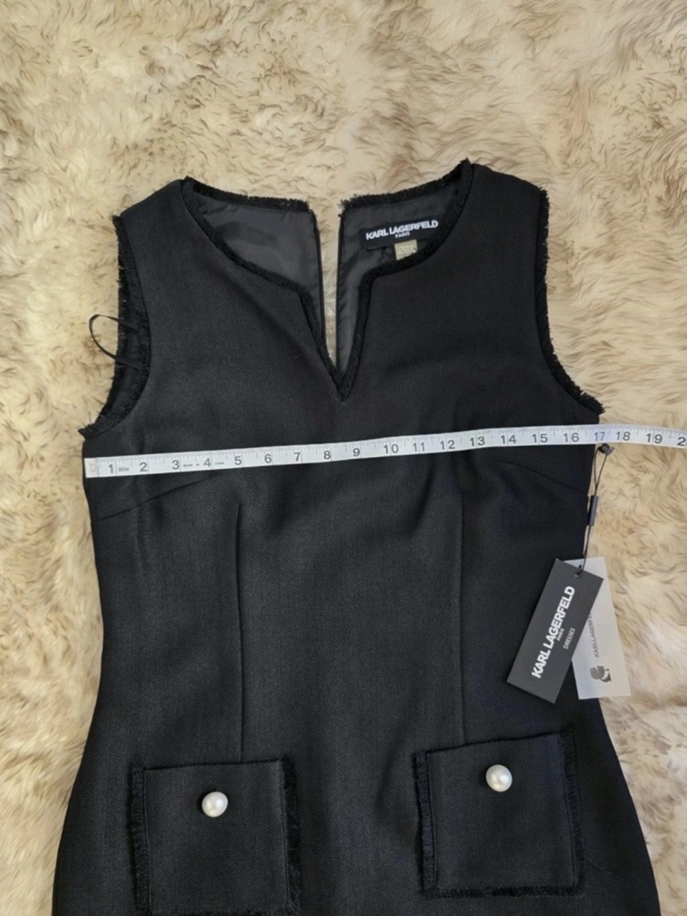 NWT Karl Lagerfeld Paris Sleeveless Black Tweed Shift Dress Pearl Accent Size 6 - Picture 13 of 15